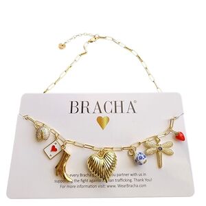 Bracha Gold Multi-Charm Necklace w/Cowboy Boot Strawberry Paperclip Chain NWT